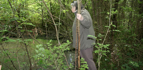 Mary looks at the bomb crater where her Father was killed 67 years before